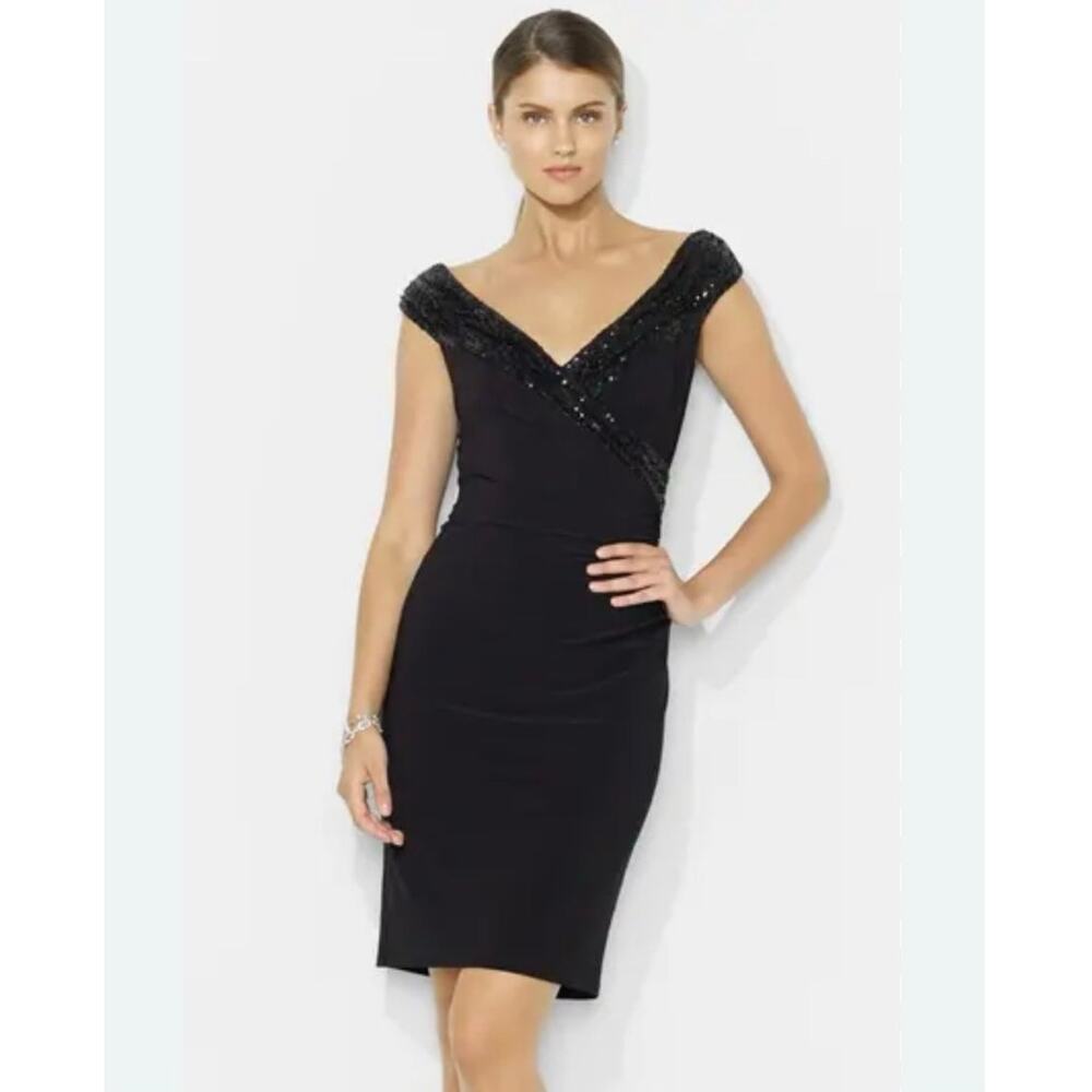 Ralph Lauren Wedding Guest Dress Size 8 Black Sequined Evening LRL Event  Chic